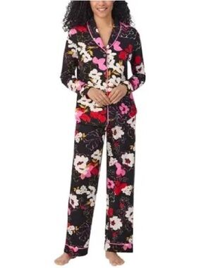 Room Service Womens 2-Piece Shawl Collar Pajama Set Black Floral Medium